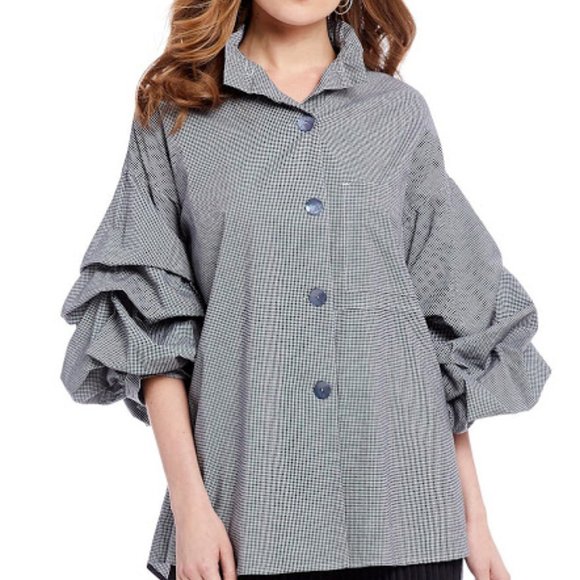 John Mark Balloon Sleeve Checked top Blk & White - Picture 1 of 3